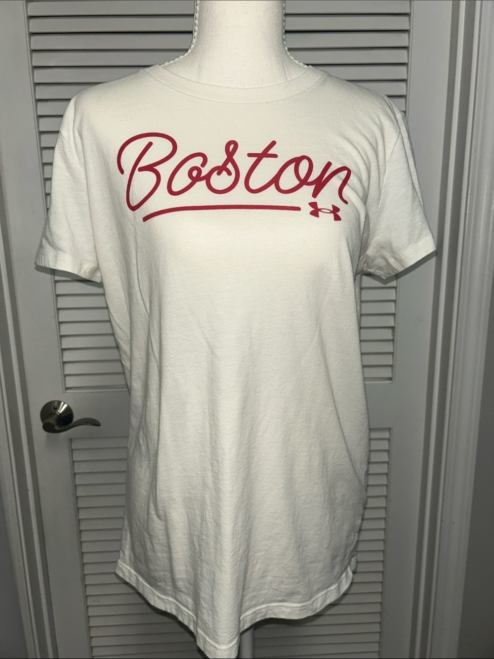 Under Armour Cream Off White Tee with Red 'Boston' Script
